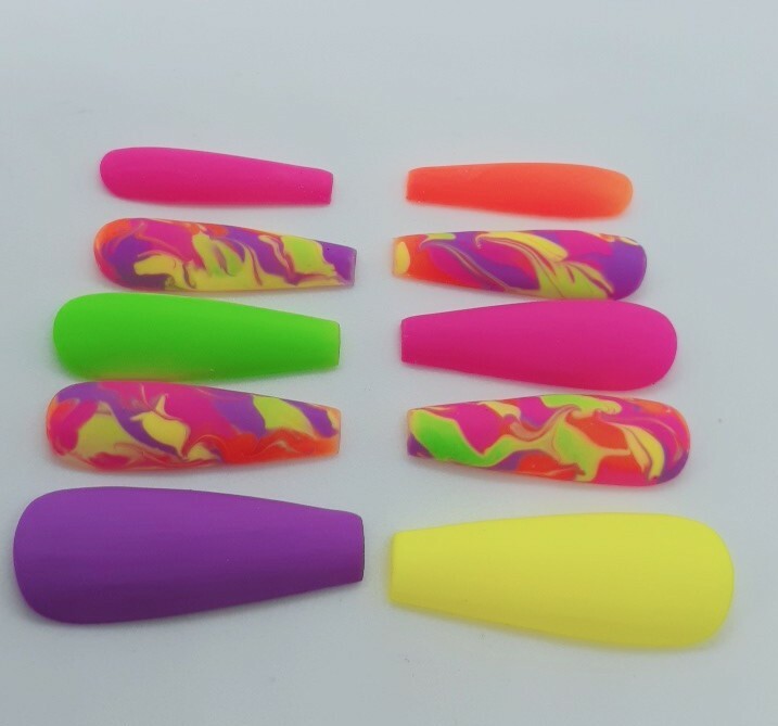 Rainbow Vibrant Spring Luxury Marble Pink Purple Yellow Set Of 10 Press on Nails