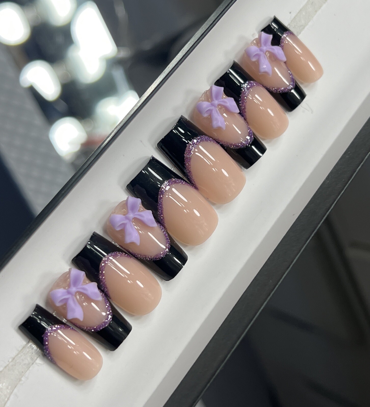 💜🖤 CUSTOM Press On Nails FRENCH BLACK PURPLE BOW BLING 10p SET W Kit