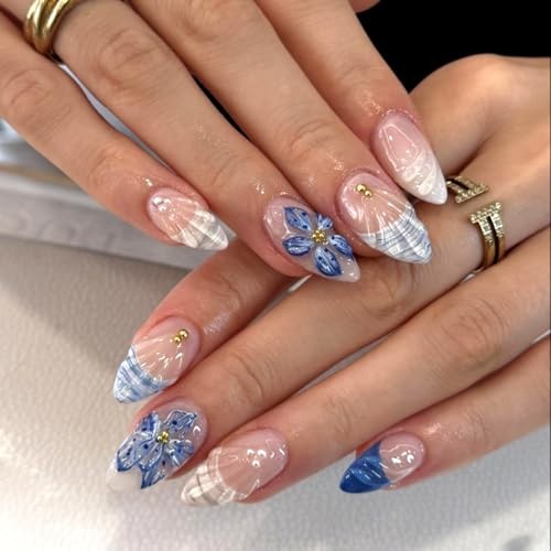 Almond Nails – 24PCS Blue and White Floral – 32 French Blue Flowers