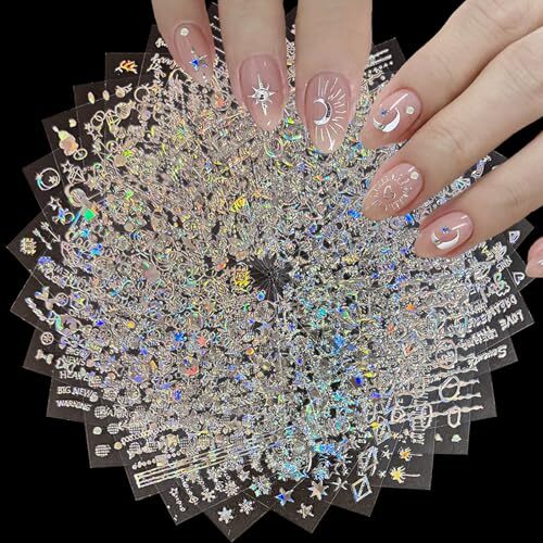30 Sheets Silver Nail Art Stickers Aurora Silver Star Moon Nail Decals 3D Self