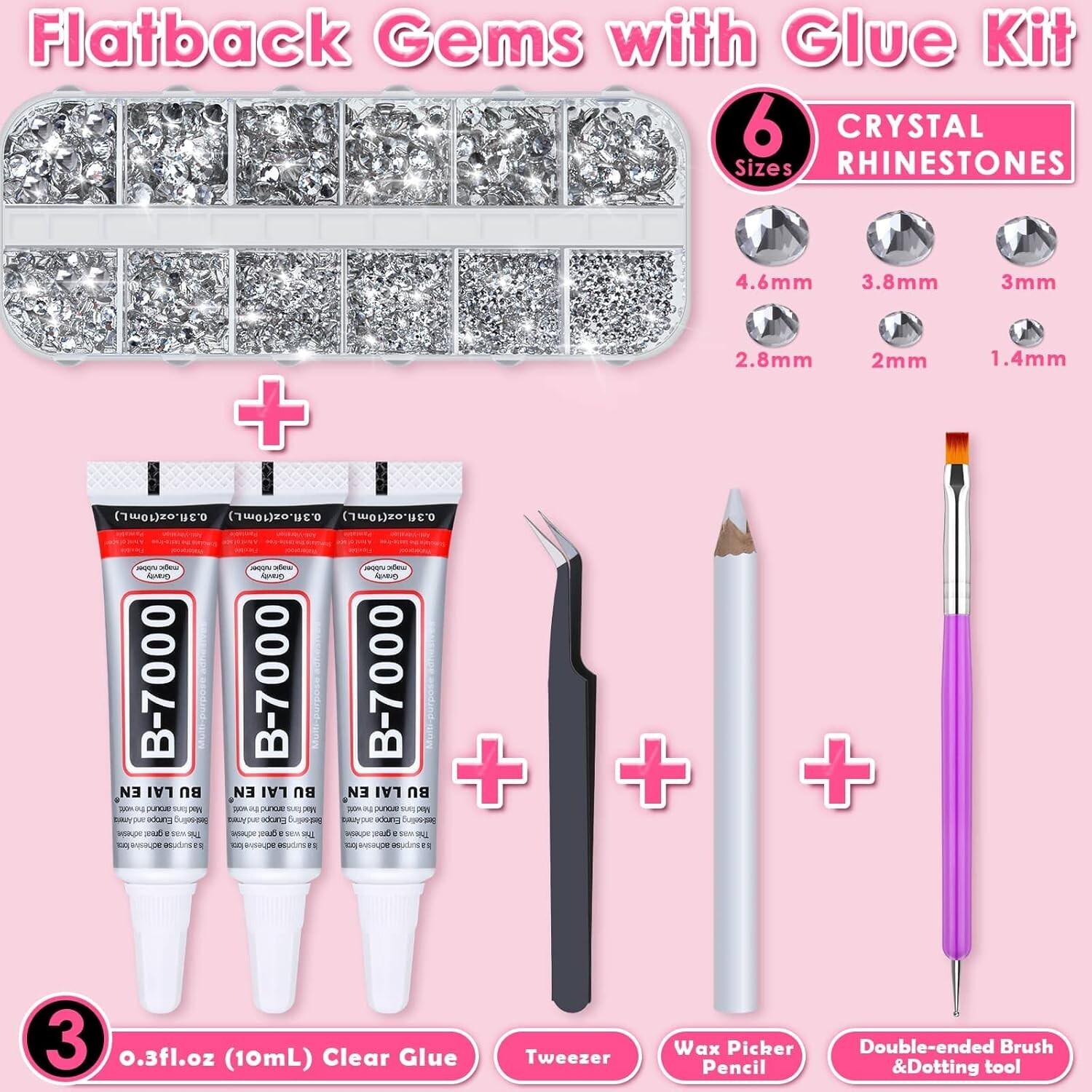 2100Pcs Crystal Glass Rhinestone with Tweezer Clear Glue For DIY Nail Art Fabric