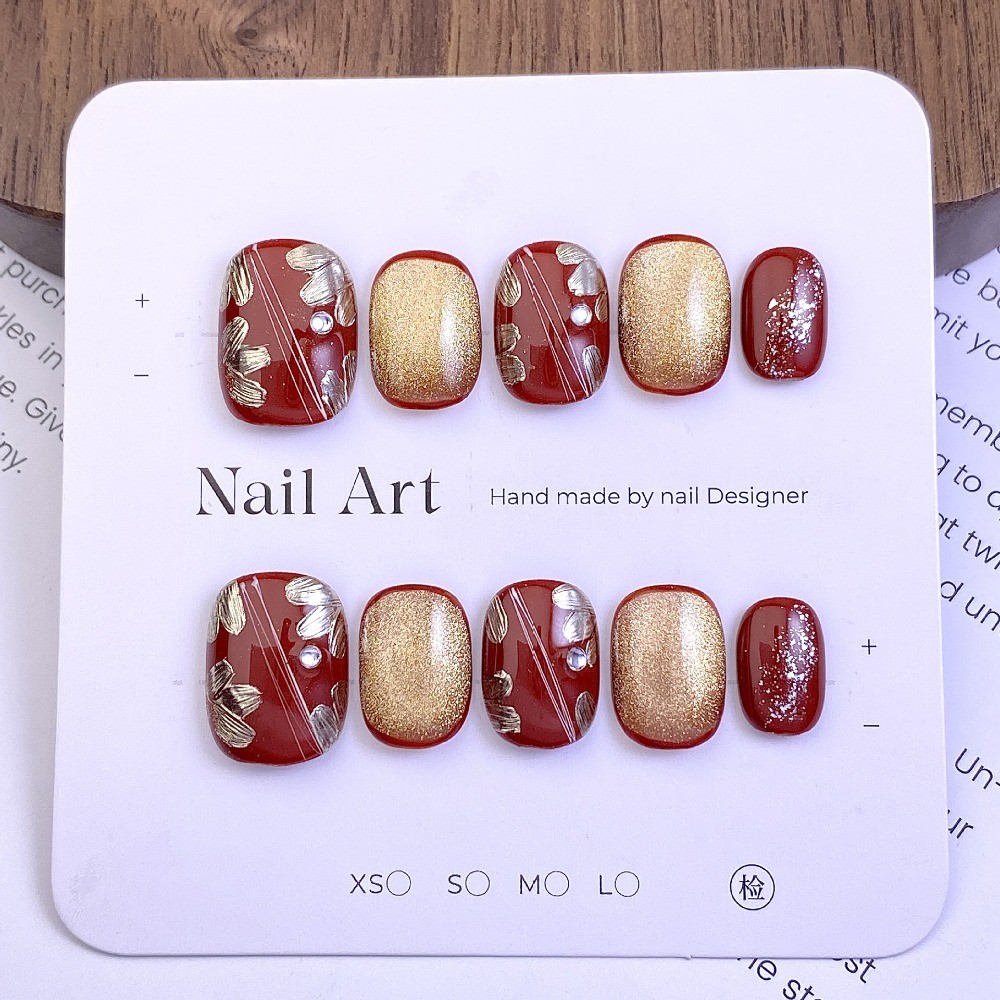 10Pcs Gradient Wine Red Gold Nails Cat Eye Pearl Foil Party Nail Art