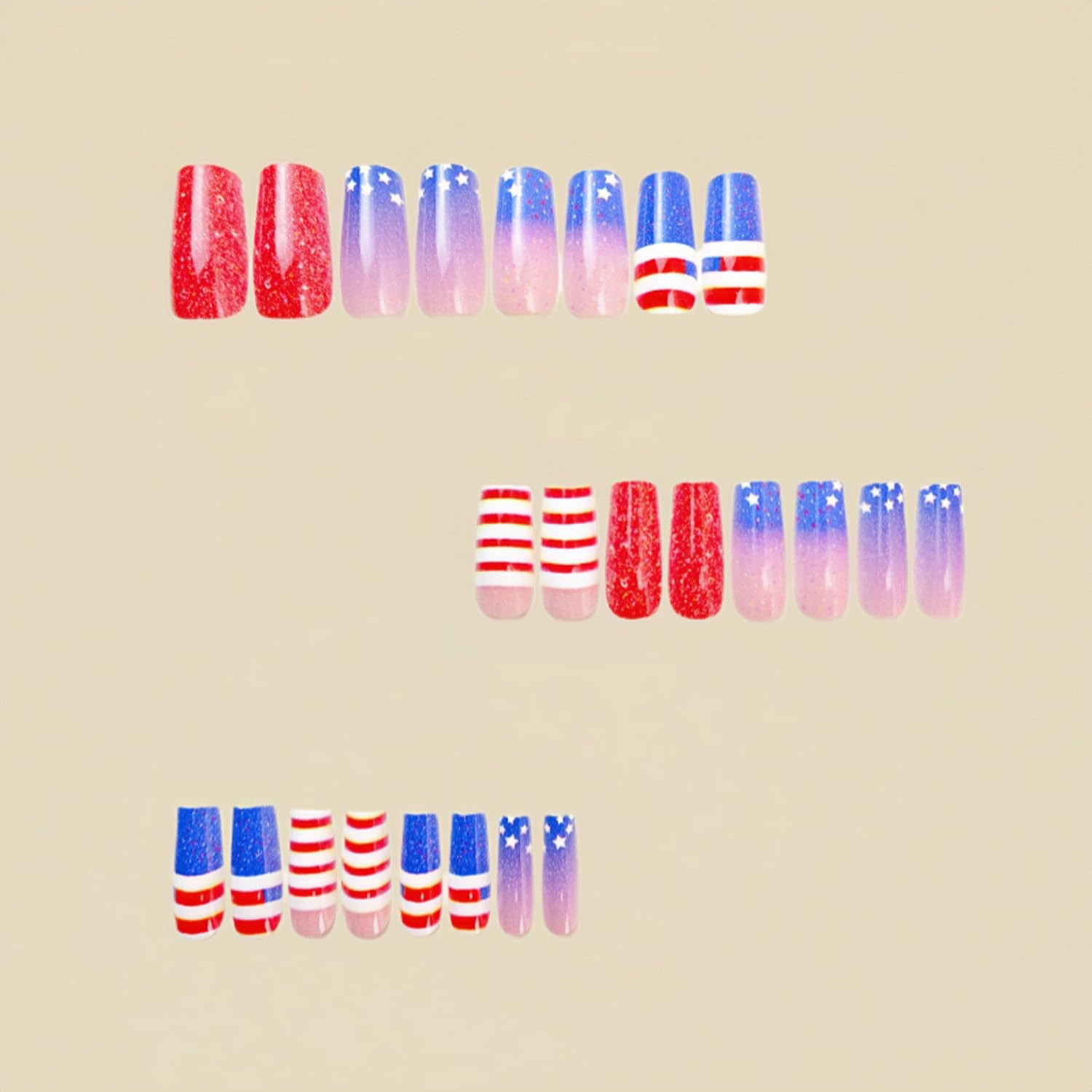 Independence Day Press on Nails Medium Square Stars Glitter Powder Sequins Desig