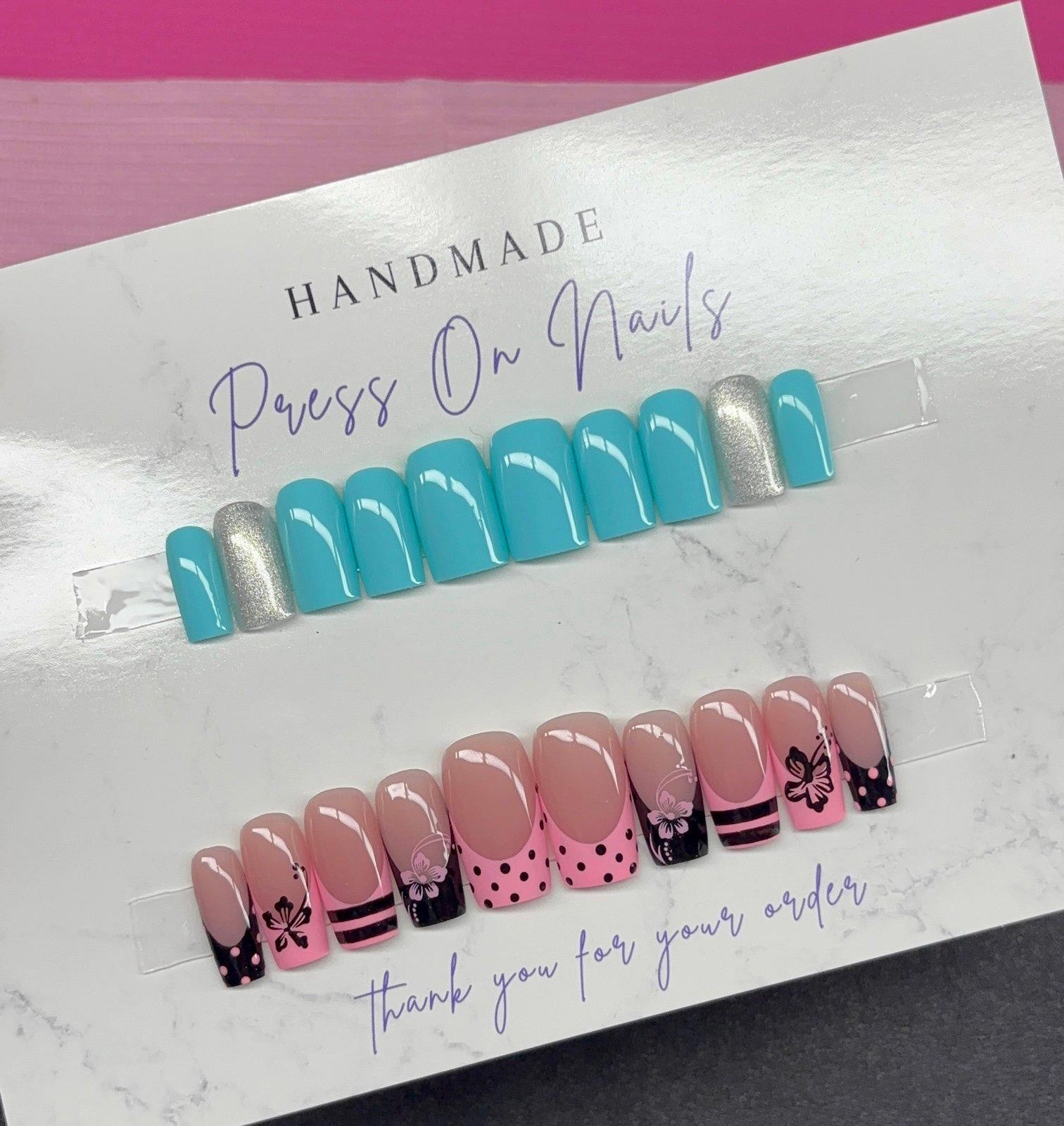 Short square and medium square press on nails spring pink black teal silver