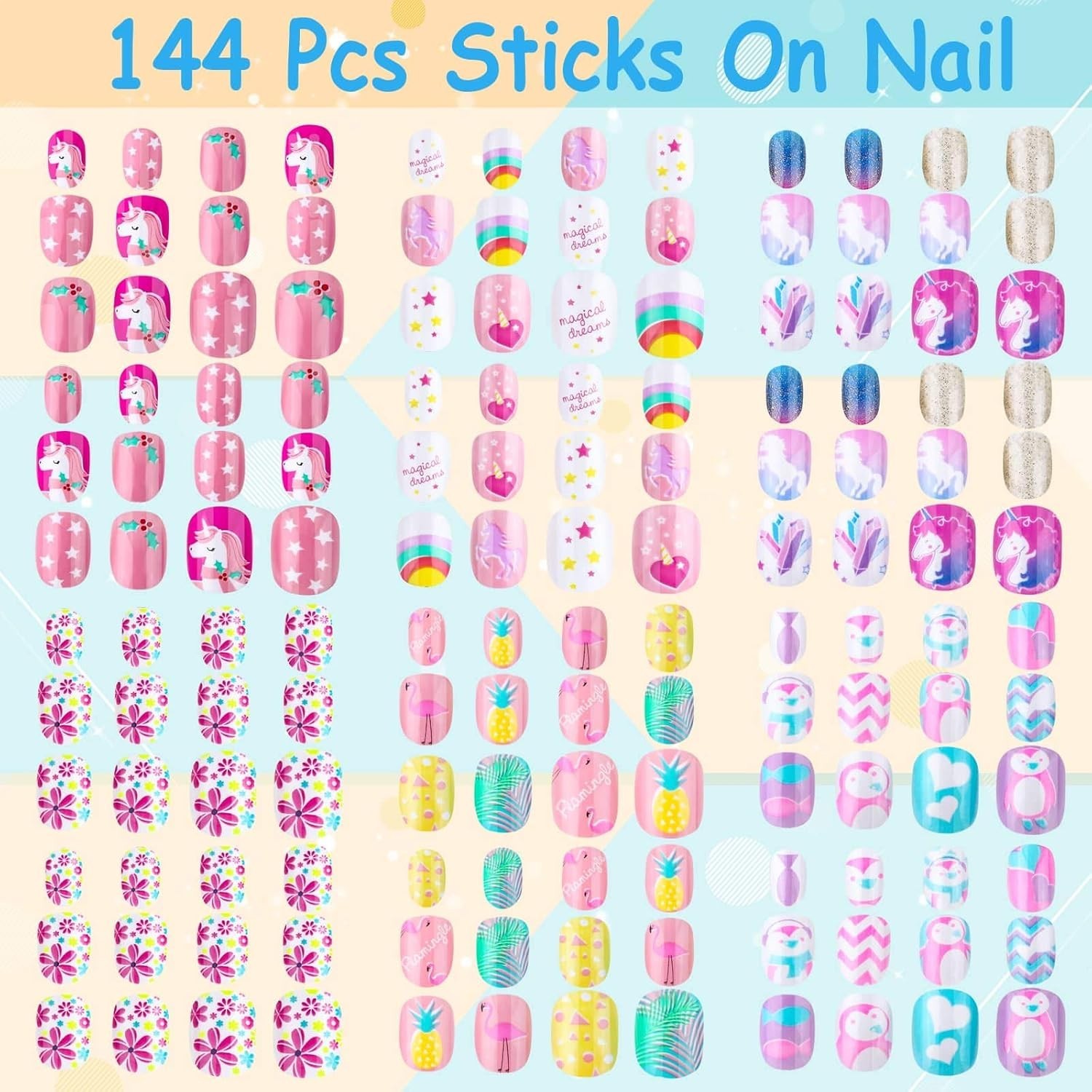 Colorful Kids Fake Nails – 144 Pcs Pre-Glued for Easy Application & Fun!
