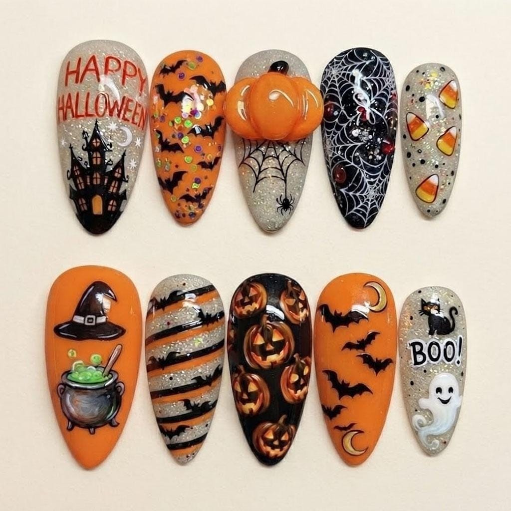 Custom Handmade Halloween Pumpkin Bat Ghost Witch Hat Almond Press on Nails
