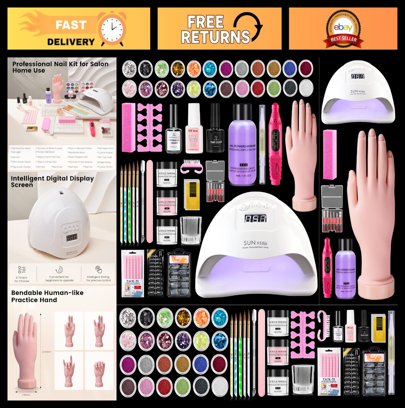 Acrylic Nail Kit for Beginners – Monomer Liquid, Powder, Practice Hand, UV Light
