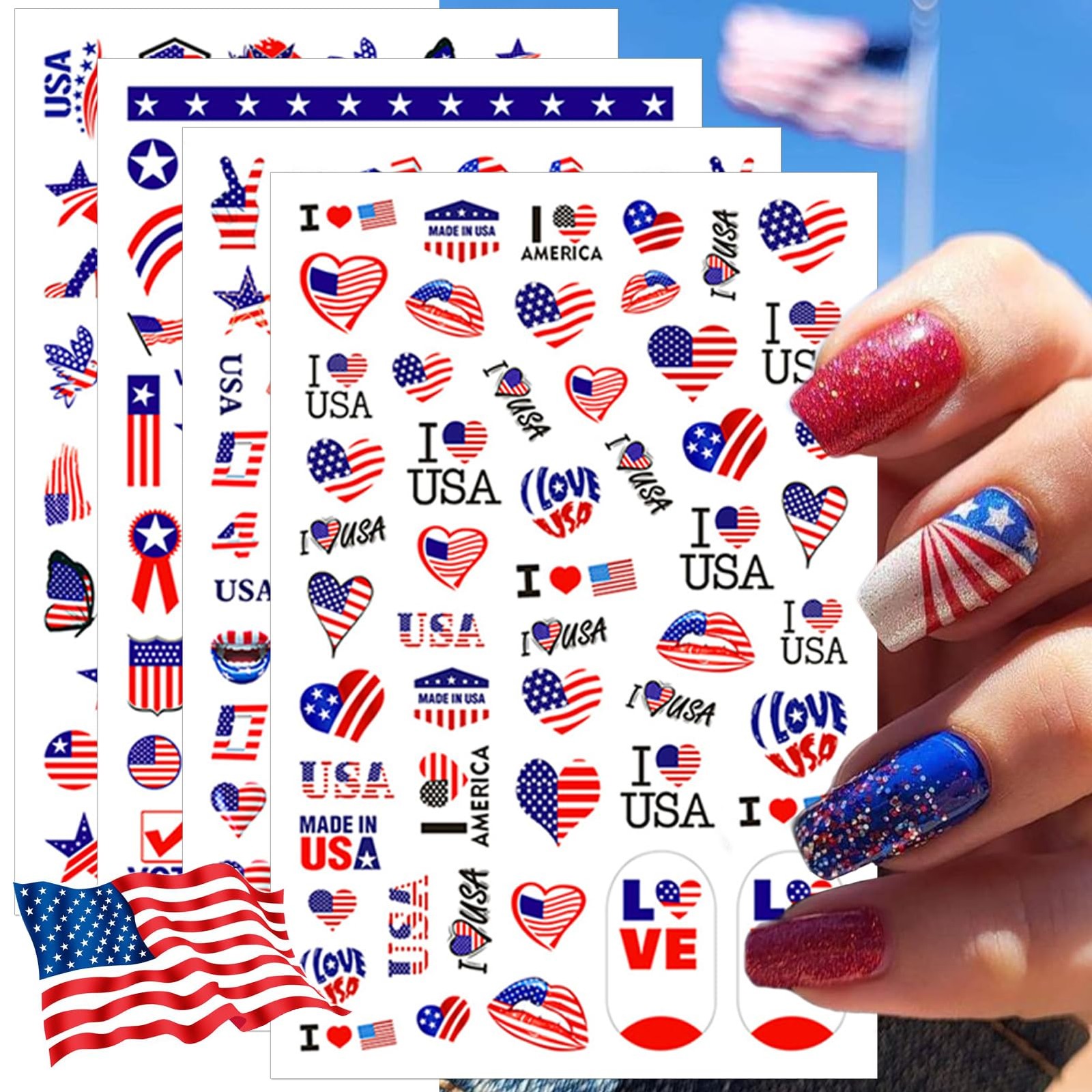 8 Sheets 4th of July Nail Stickers, Independence Day Patriotic Nail Decals