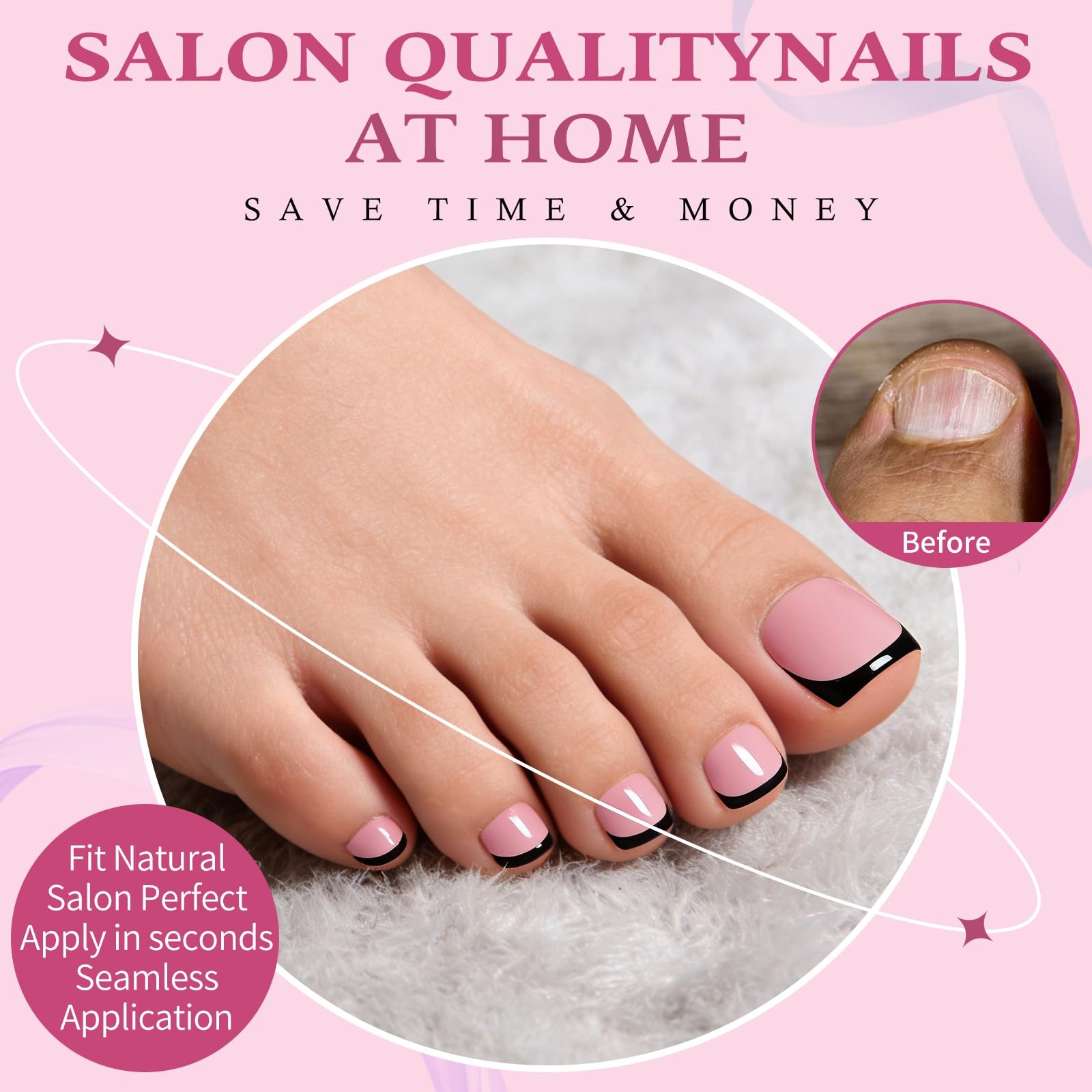 180pc Black French Tip Press on Toenails with Glue, French Tip Toe Nails Pres…