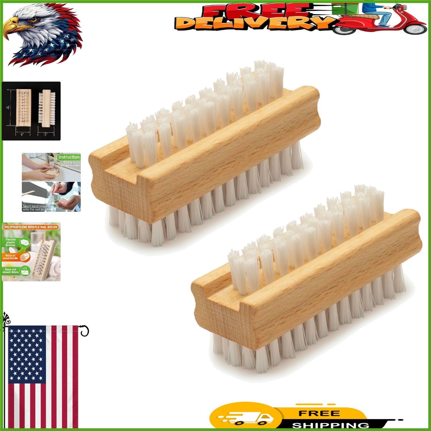 Durable Wooden Fingernail Brush with Variable Length Bristles – 2 Pack