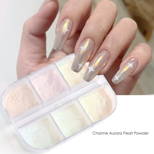 6 Colors Chrome Nail Powder Set, Mirror Effect Metallic Iridescent Mica Powder f