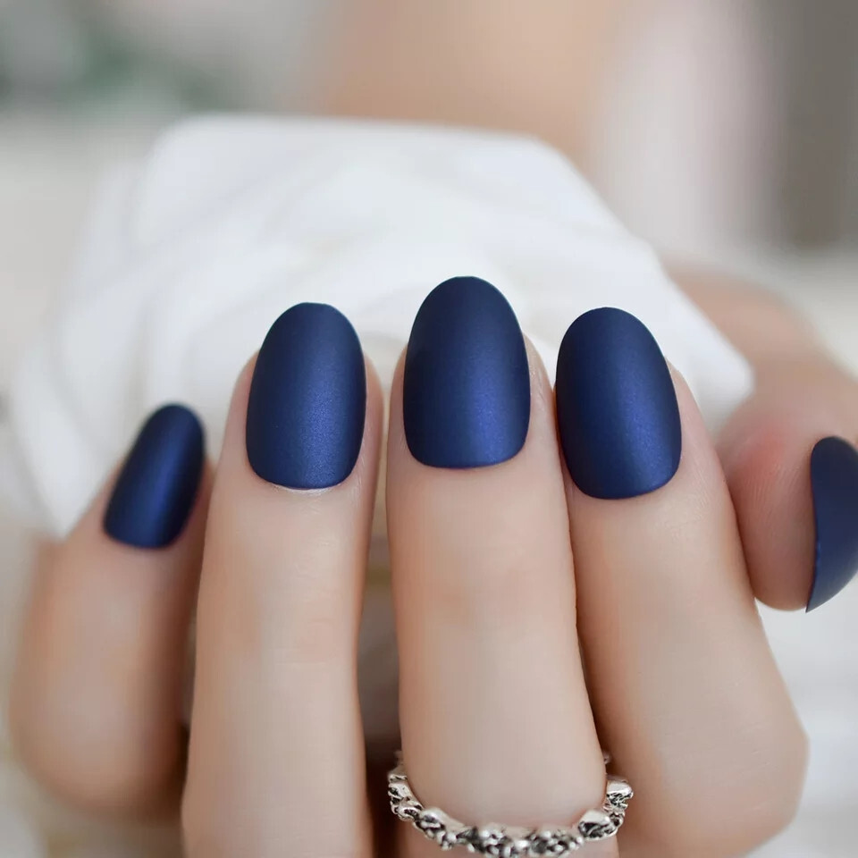 24 Short Press on nails kit w/ glue dark blue satin oval
