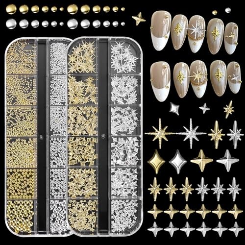 2 Boxes Gold Star Nail Gems Charms, Metal Starshine Studs, Set-2 Cross Star