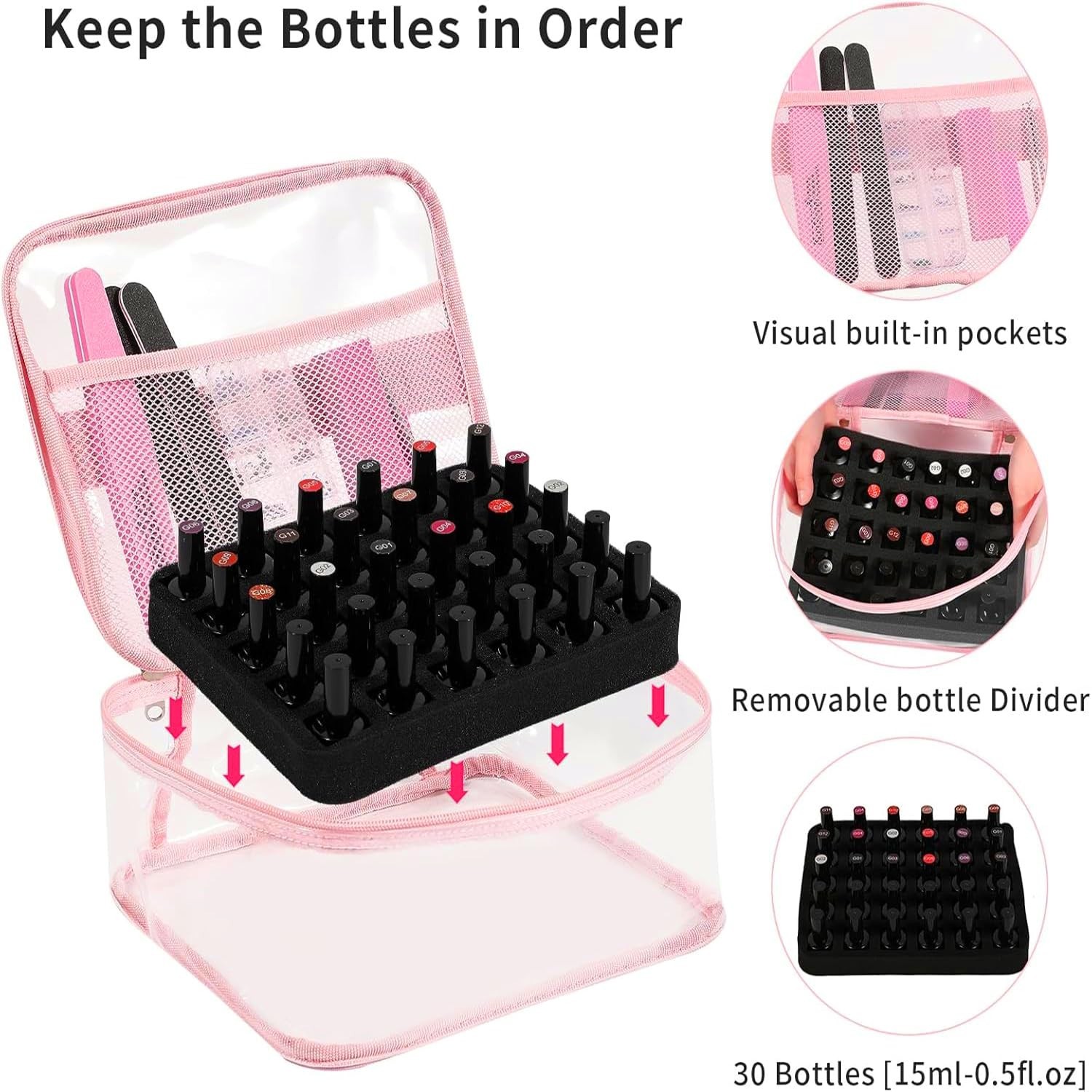 Beloving Clear Nail Polish Organizer Holds 30 Bottles PVC Nail Polish Case Se…