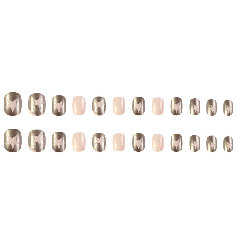 48pcs Short Almond Press on Nails, Nude Silver Mirror Star Casual Daily Nails