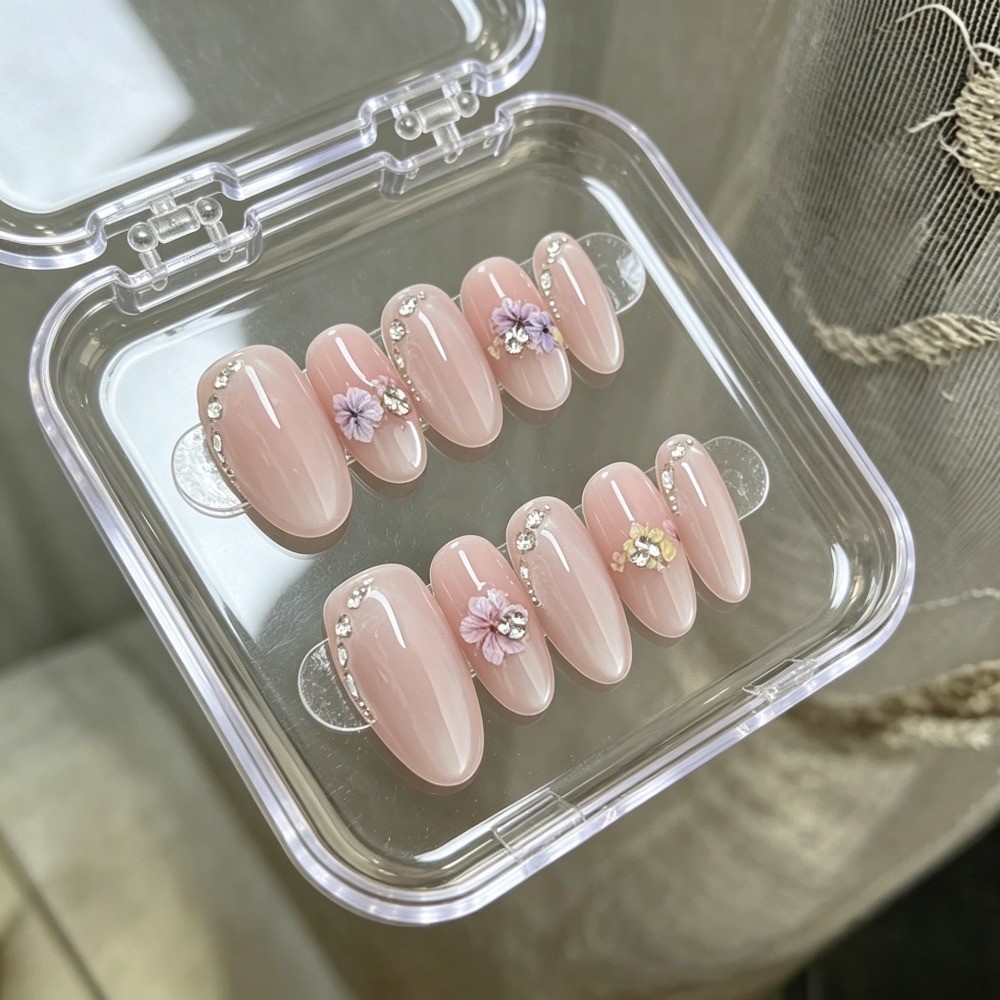 10Pcs Medium Oval Cherry Blossom Nails Nude Pink Gentle Daily Manicure