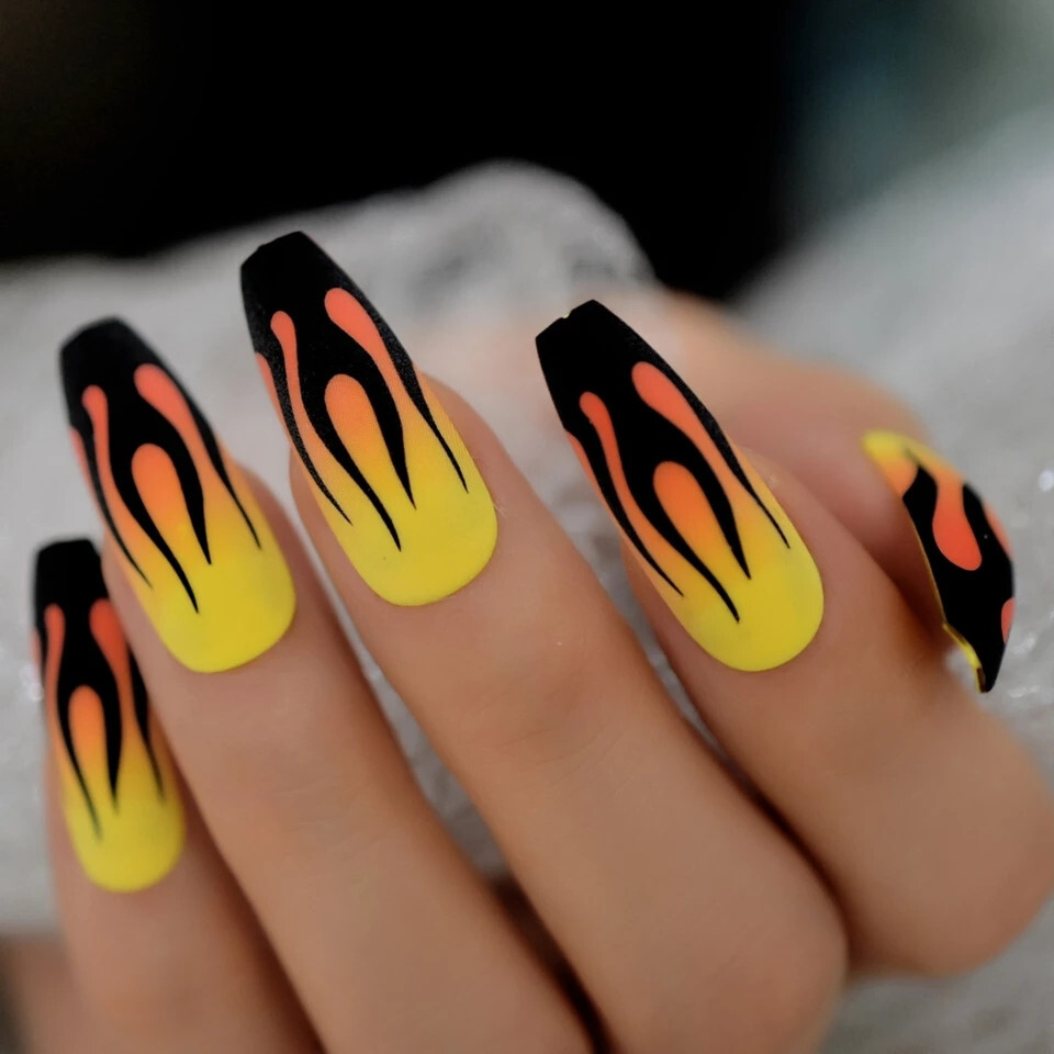 24 Press on Nails kit w Glue extra long Coffin guy fieri black flames yelllow