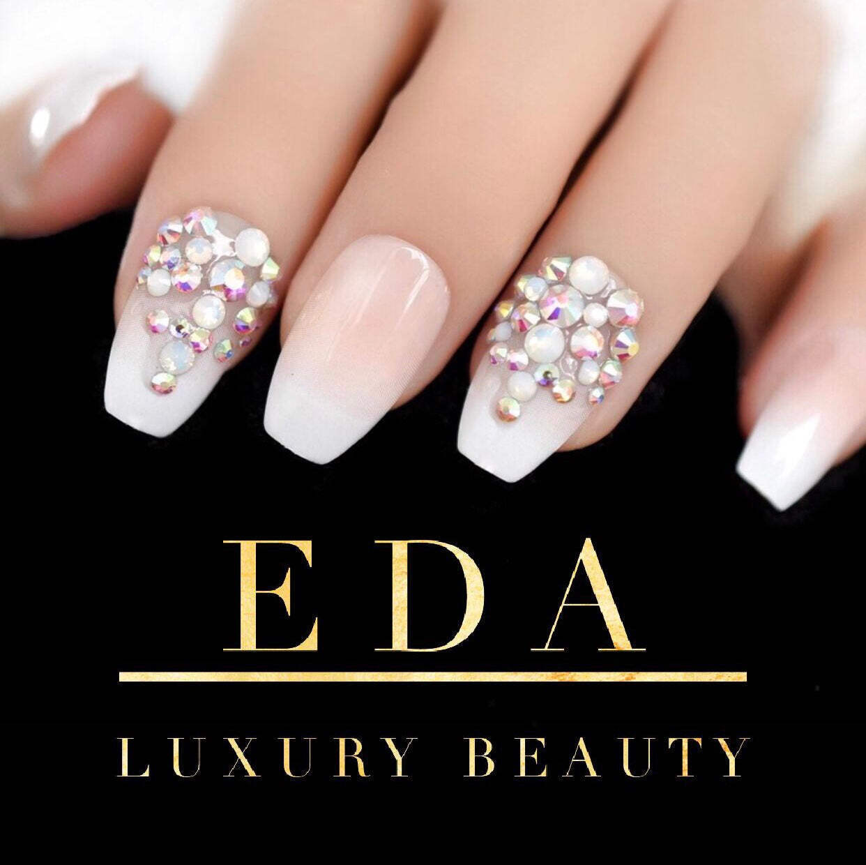 Nude Pink White Ombre French 3D Crystal Press On Nails Long Coffin Fake Nails