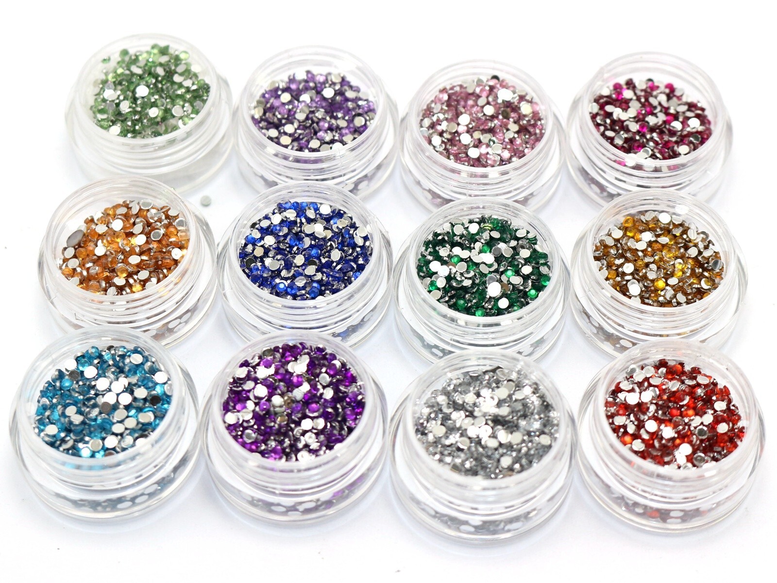 12,000 Acrylic Faceted Round Flatback Rhinestone Gems 2mm + 12 Storage Box Nail