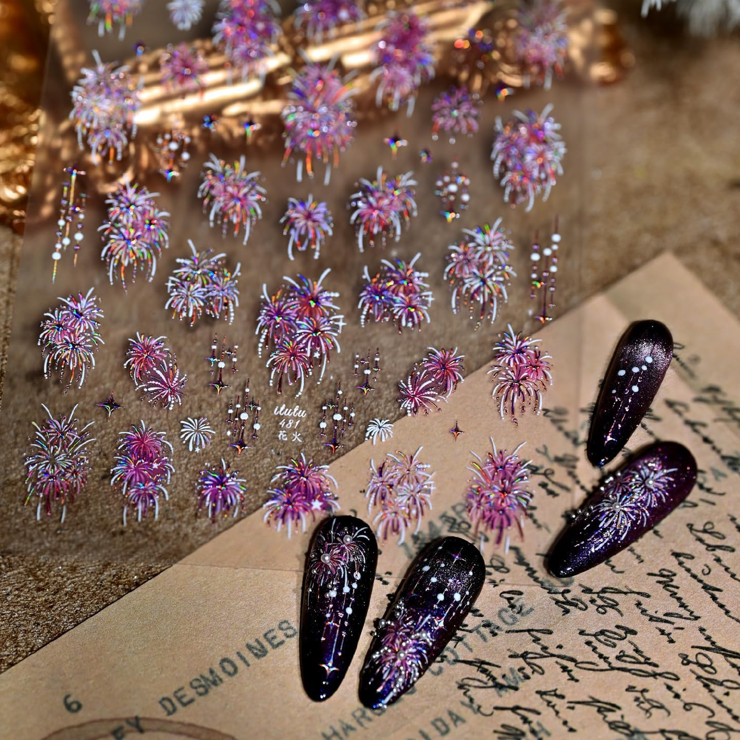 1 Sheet 4Th of July Firework Nail Stickers for Nail Art Embossed Fireworks Nail