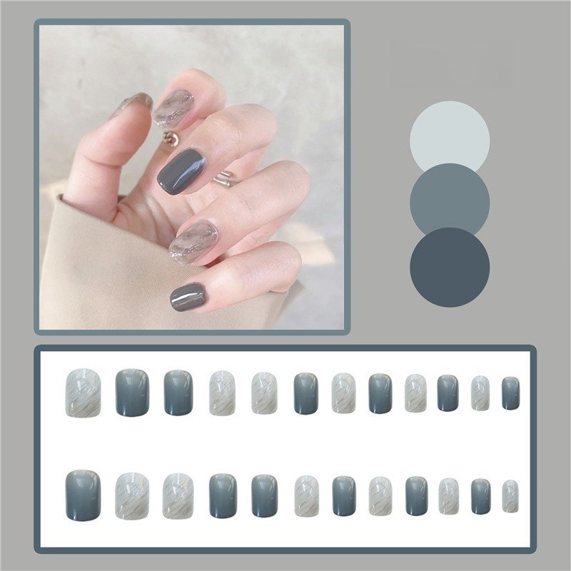 48Pcs-Smoky Grey Transparent Press on Nails Short Square Watercolor Stone Finish