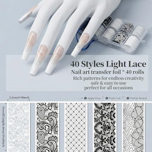 40 Rolls Lace Nail Foil, Holographic Lace Transfer Foil Sheets for DIY Nails