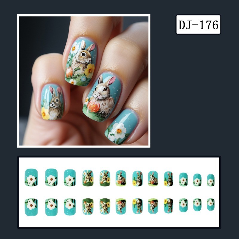 48PCS oval Easter bunny flower nail press can be reused, fake nail art