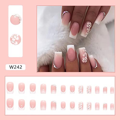 SINSEN Pink Square Fake Nails French Tip Press on Nails Medium Length, 24Pcs