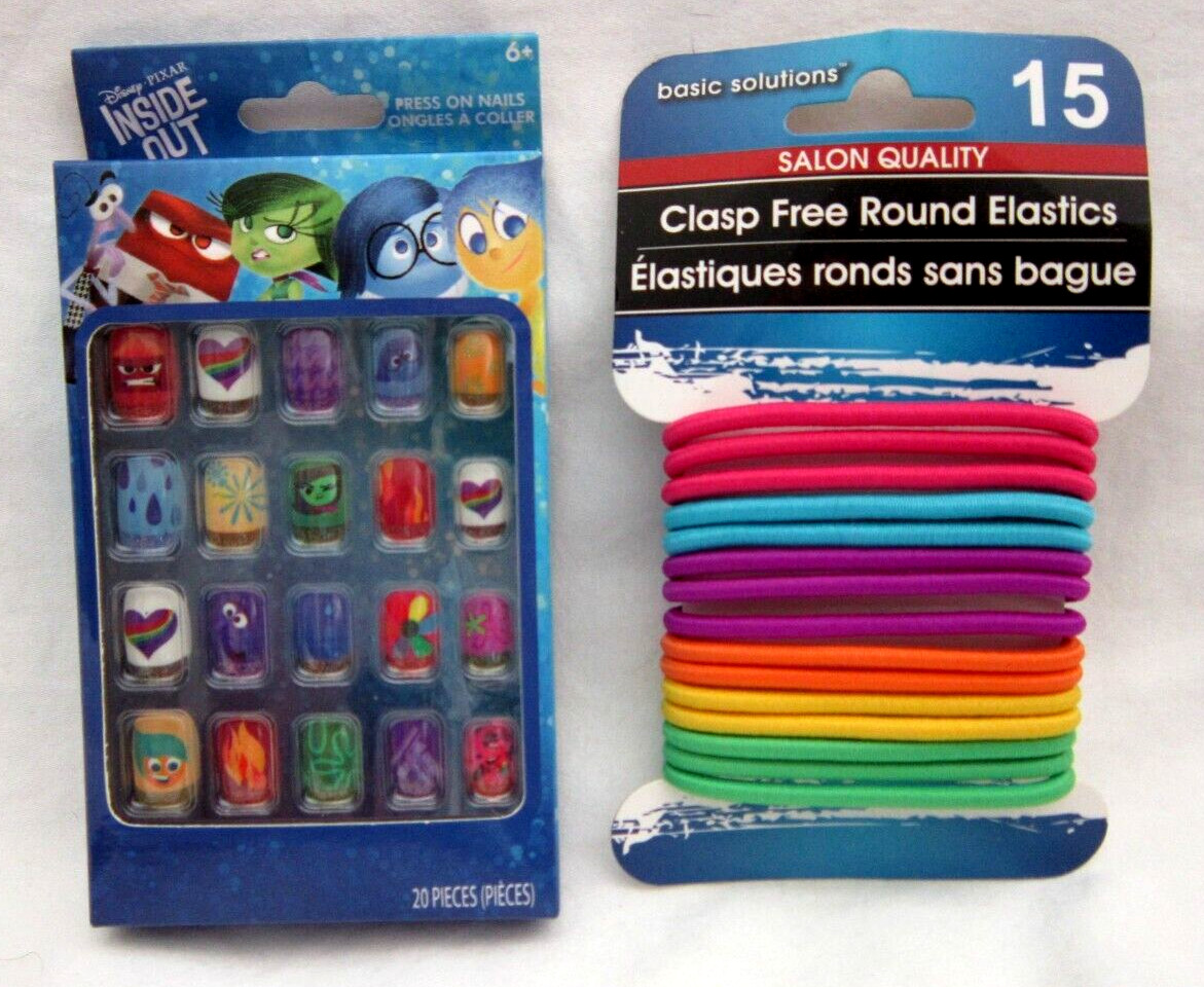 Girls Disney Inside Out Character Press On Stick On Nails 12 Count&Hair Ties-New