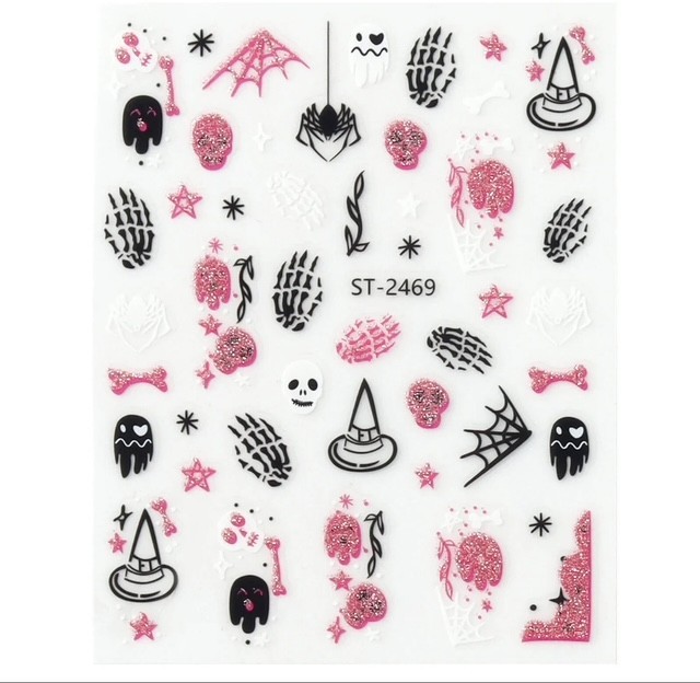 Nail Art Stickers NEW !! HALLOWEEN GHOSTS PINK GLITTER SPIDERS WEBS ST-2469