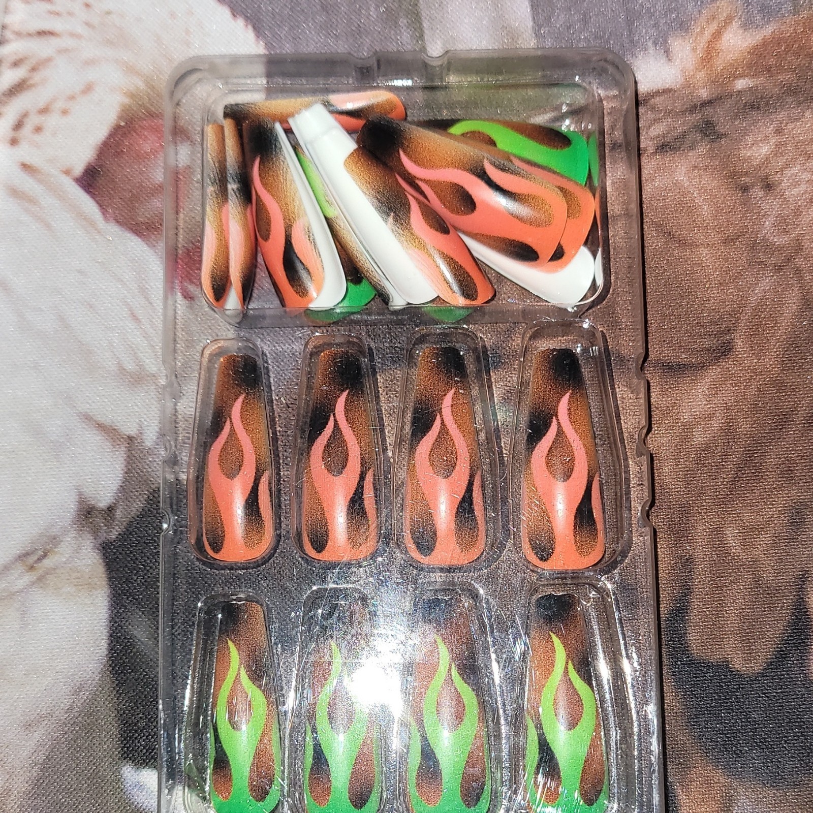 Pre-Designed Press-On Nails Long Coffin Glitter Orange Black Green White Flames