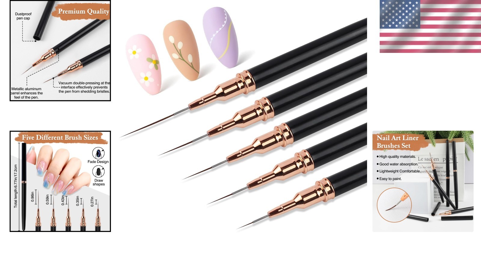 Artdone 5PCS Metallic Nail Art Liner Brushes Set, Black Fine Detail UV Gel