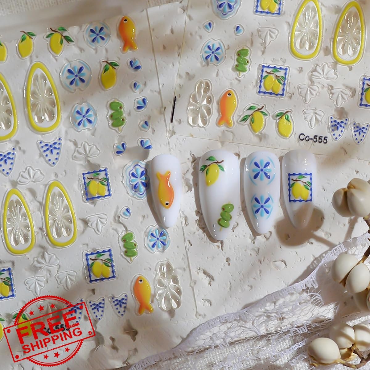 ZOAZJINAZ summer fruit nail stickers lemon fish blue yellow