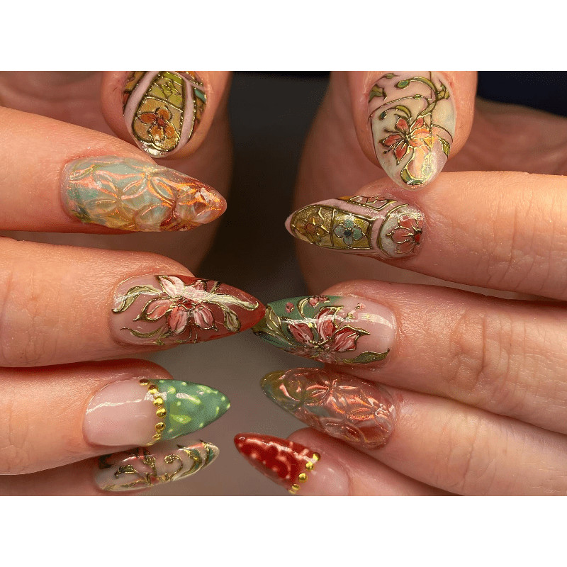 Vintage Floral Handmade Press on Nails Gradient Gold Sheer Daily Fake Nails