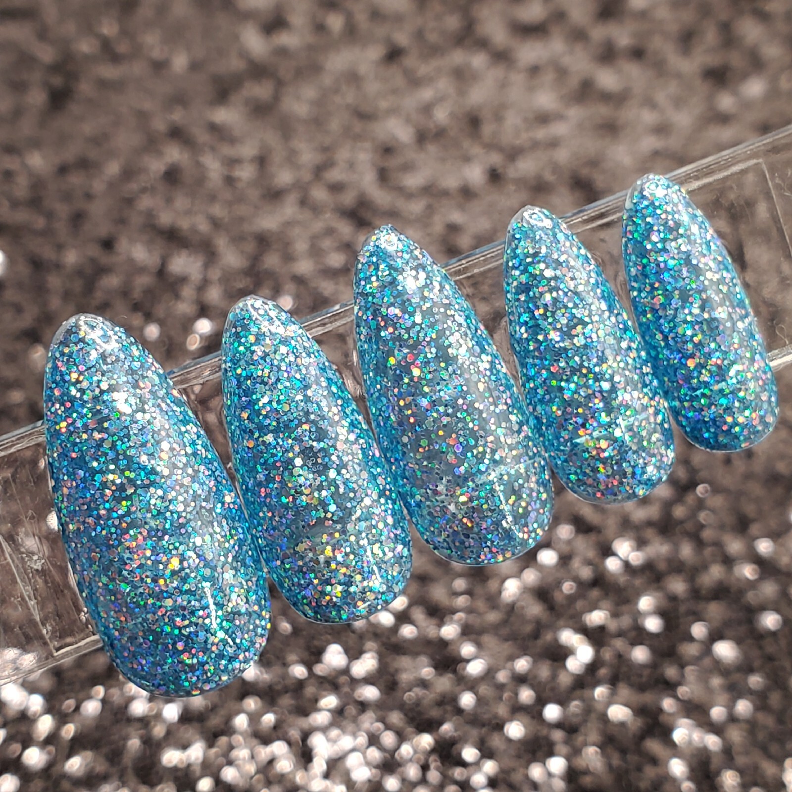 #180 Bright Blue Holo Glitter Press On Nails | Handmade | Hard Gel Glue on Nails