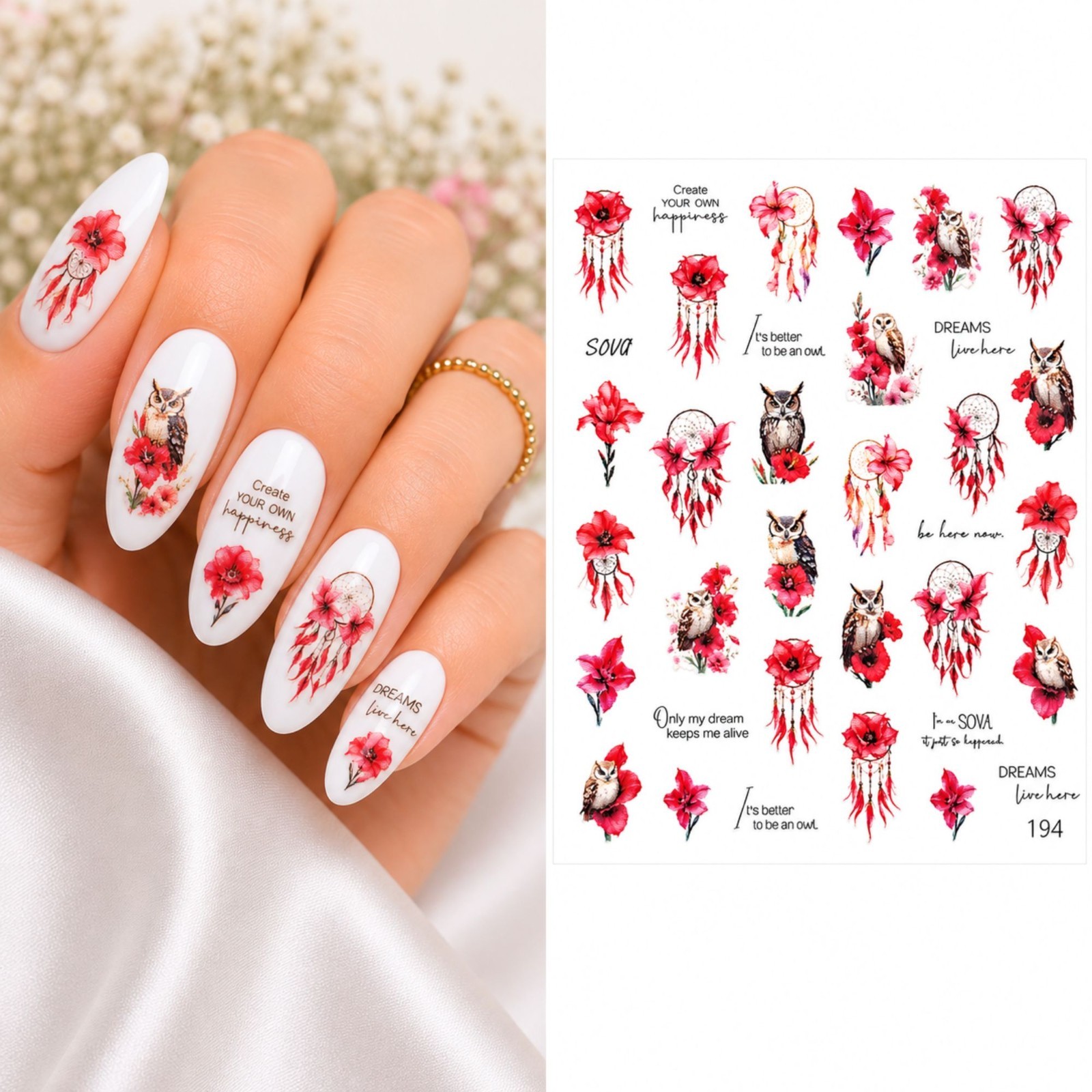 Dreamcatcher owl red Water Transfer Nail Sticker Bird Decals DIY Manicure Gift
