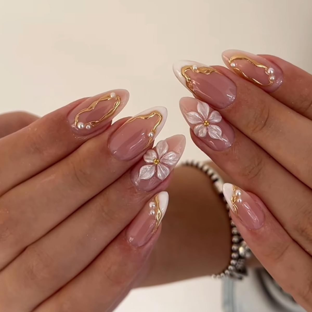 White and Gold Press On Nails – 3D Flower & Gold Lines & Pearls Design