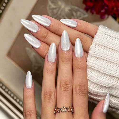 Cat Eye Press On Nails Almond, 30 Pcs Glitter White Press On chrome white