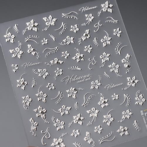 White Hibiscus Flower Nail Stickers 5D Embossed Self-Adhesive Floral Pearl