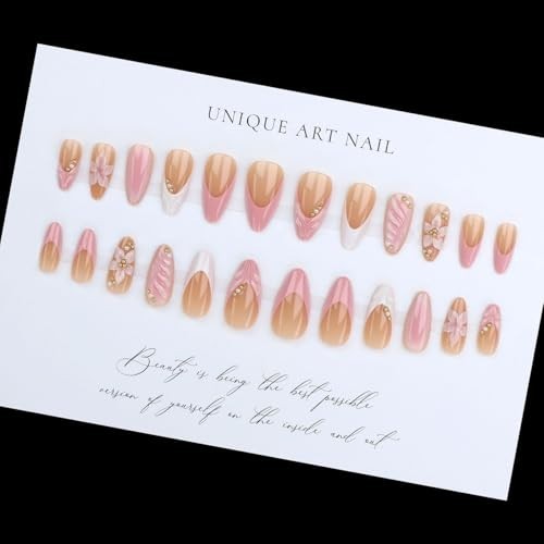 Pink French Tip Press On Nails Gel Glossy Almond Shape 24 Pieces Full Well Tips