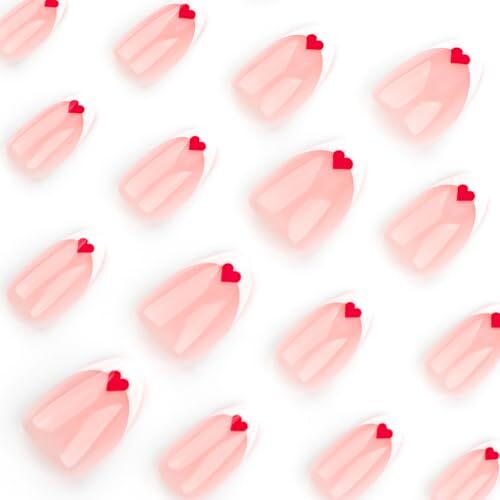 Valentine’s Day Press on Nails Short Almond Heart Fake style30-red heart almond