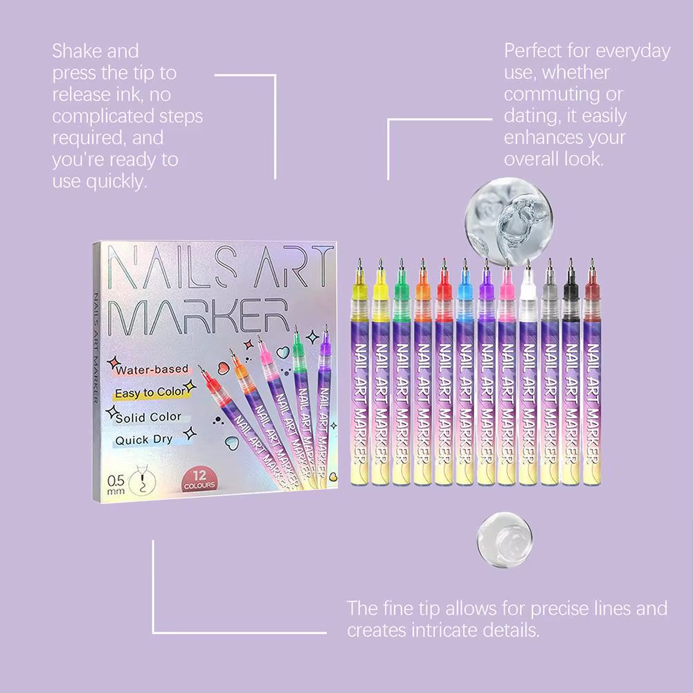 12Pcs/Set Nail Acrylic Graffiti Pen 12 Color Nail Marker Drawing DIY Beauty Nail
