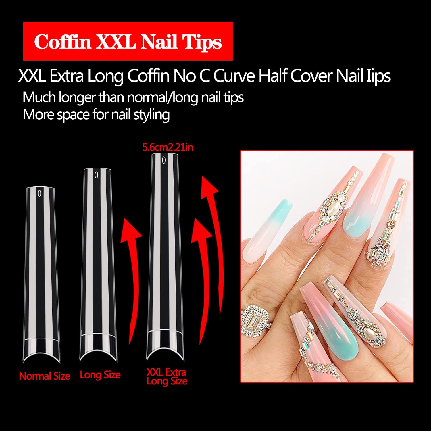 Coffin Nail Tips 600PCS XXXL No C Curve Clear Half Cover Flat Extra Long 12