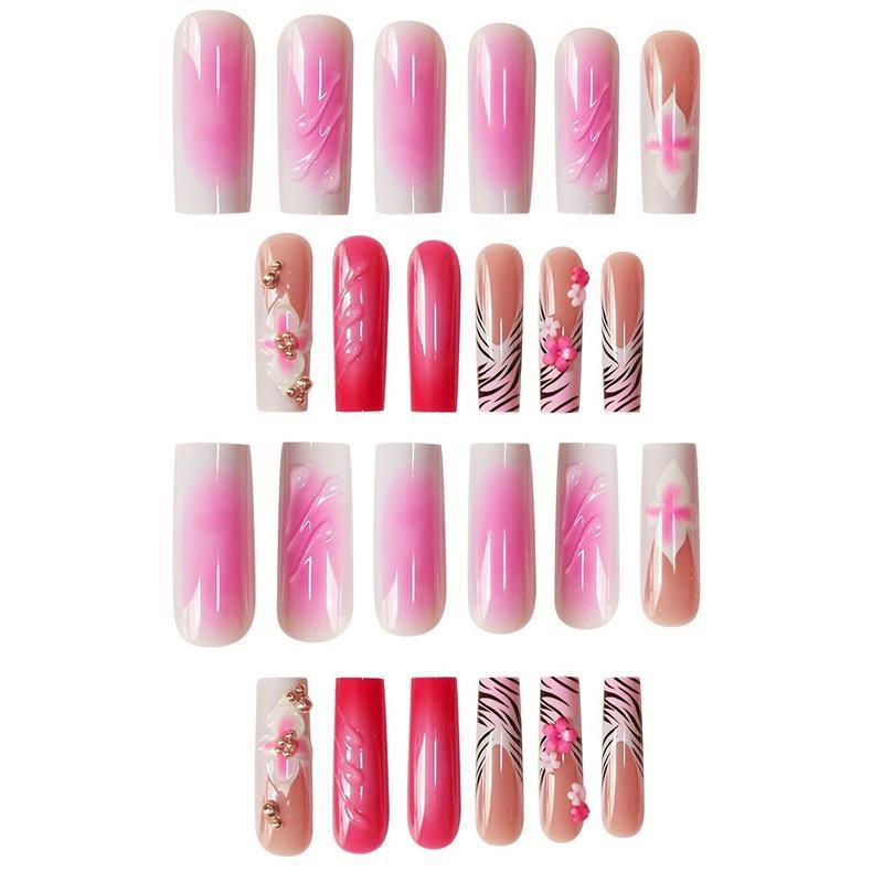Long Pink Square Press on Nails 3D Wave Floral False Nails Wholesale