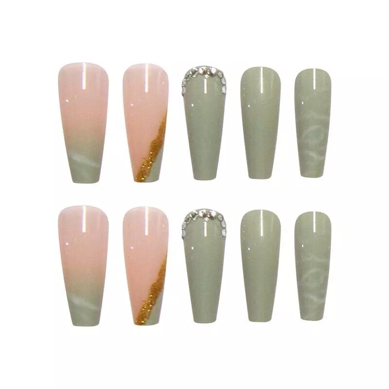 24 Green Marble Jade Press on nails kit glue ombre nude french gems