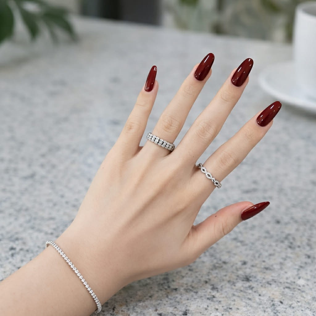 Press On Nails Burgundy Red Almond Shape Set with Nail Glue & Adhesive Tabs