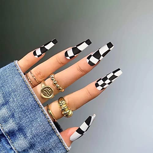 24Pcs Coffin Press on Nails Long White Fake Nails with Nail Glue Glossy Black