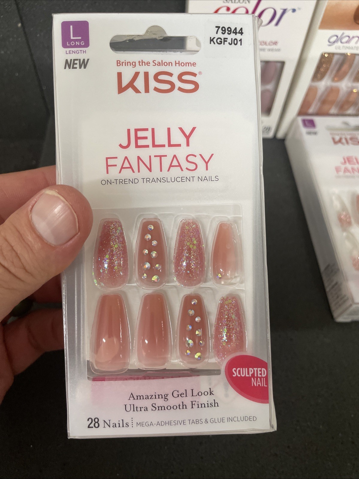 6 Kiss Glue-On Nails Lot Jelly Fantasy, Gel Fantasy, Glam Fantasy Long Med.