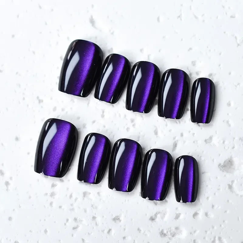 Short Square Press-On Jelly Nails 10pcs. Gradient Blue Black Cat Eye Set Medium