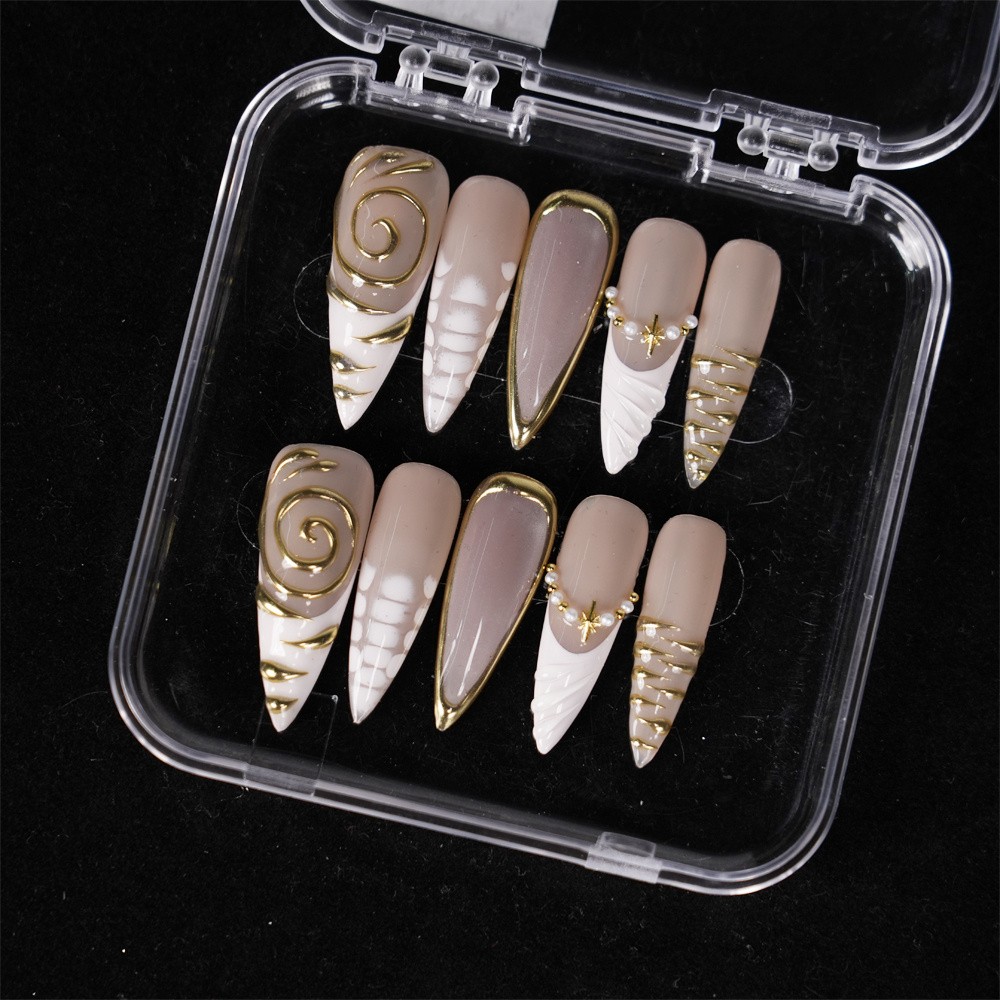 10p-Nude White Press on Nails Medium Almond Gold Swirl Pearl Star Design Accents